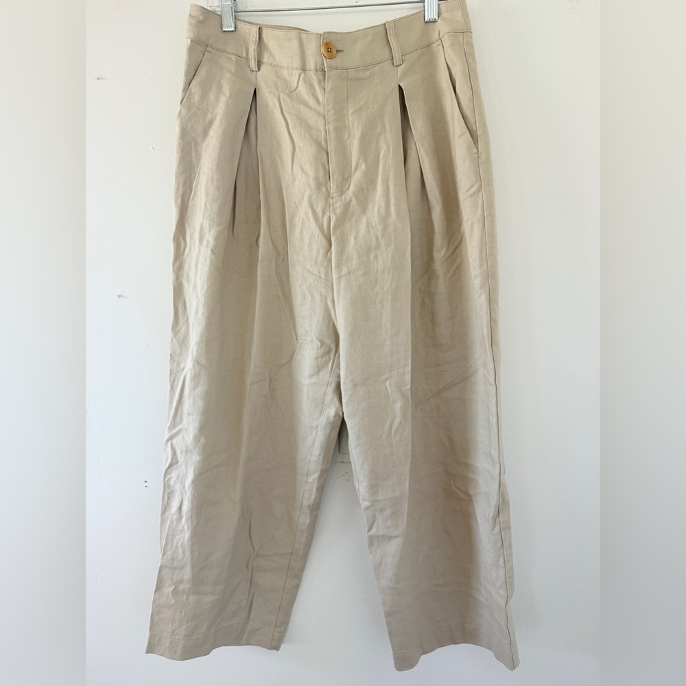 Part Two Beige Linen Wide-Leg Pleated Trousers